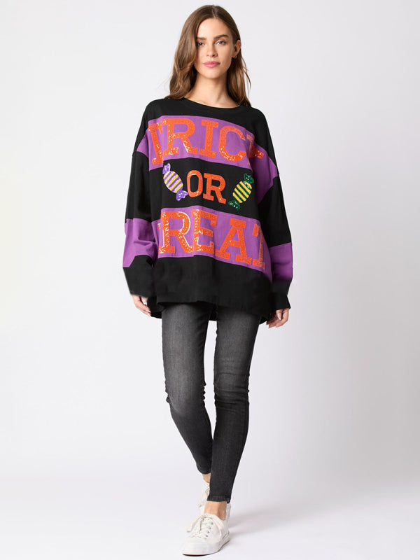 Women's Halloween Letter Sequined Colorblock Sweater Casual Top