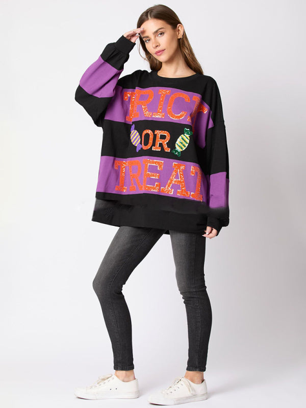 Women's Halloween Letter Sequined Colorblock Sweater Casual Top