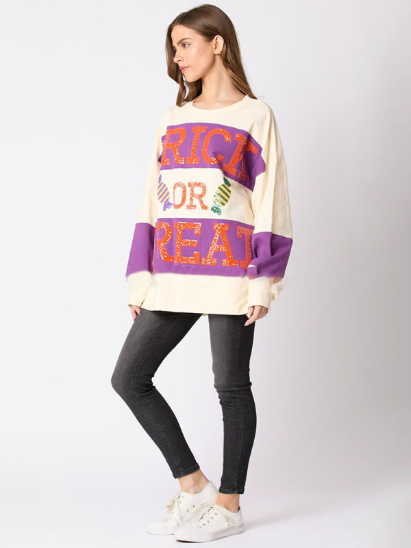 Women's Halloween Letter Sequined Colorblock Sweater Casual Top