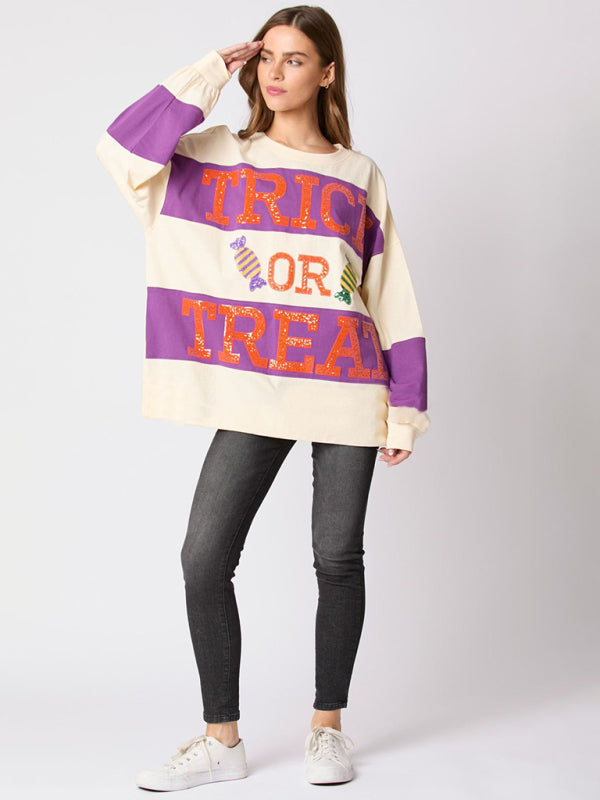 Women's Halloween Letter Sequined Colorblock Sweater Casual Top