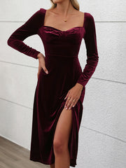 Neues Partykleid aus Samt, Maxikleid, Herbst- und Winterkleid mit Schlitz 