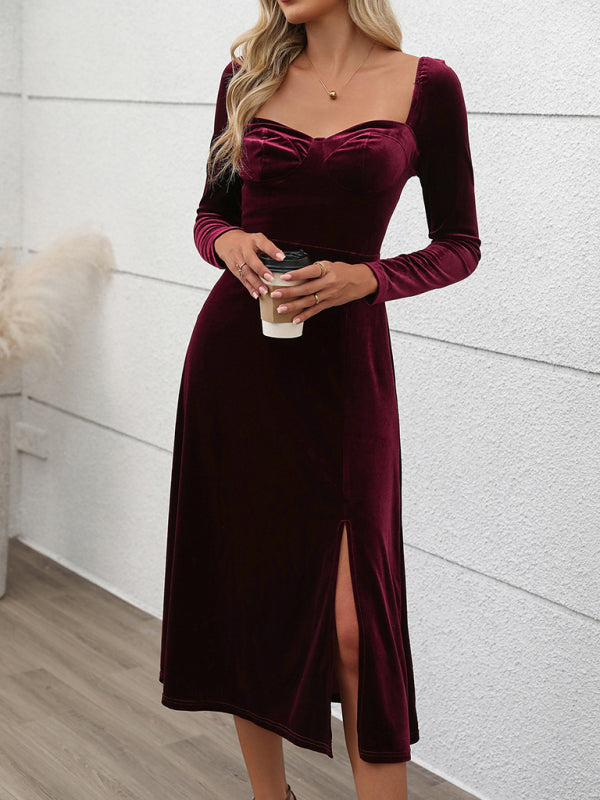 Neues Partykleid aus Samt, Maxikleid, Herbst- und Winterkleid mit Schlitz 