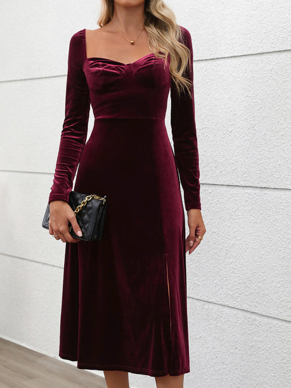 Neues Partykleid aus Samt, Maxikleid, Herbst- und Winterkleid mit Schlitz 
