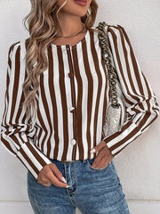 Cardigan à col en V et simple boutonnage, chemise à manches longues rayée de couleur contrastée pour femme 