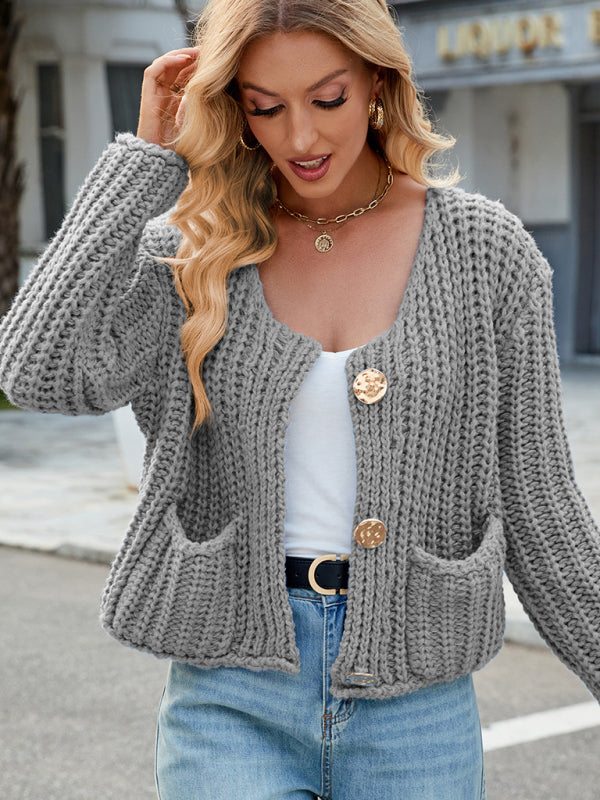 New solid color thick needle sweater jacket loose soft lazy style knitted cardigan