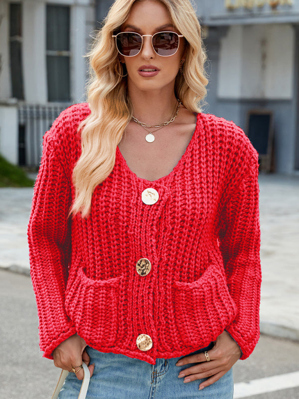 New solid color thick needle sweater jacket loose soft lazy style knitted cardigan