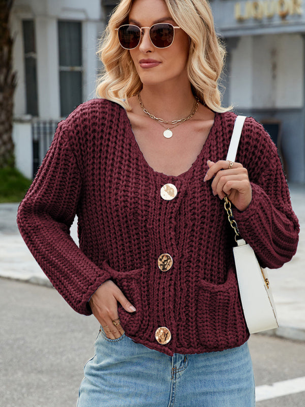 New solid color thick needle sweater jacket loose soft lazy style knitted cardigan