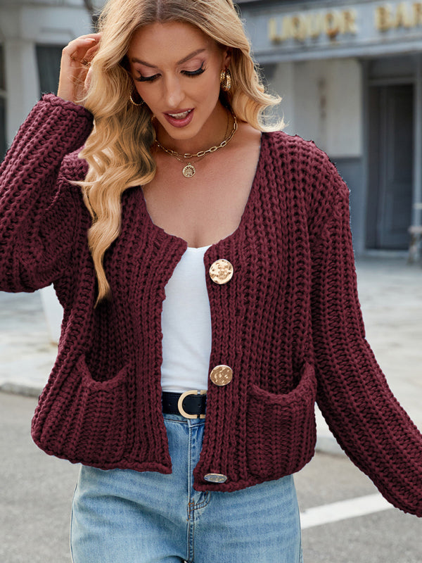 New solid color thick needle sweater jacket loose soft lazy style knitted cardigan