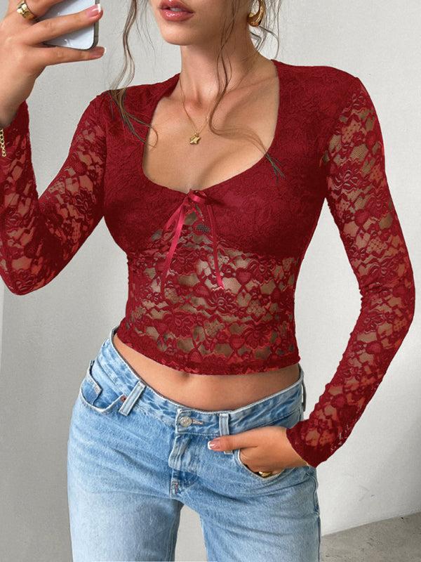 Wunderschöne, sexy Bluse im Y2K-Stil, figurbetont, mit langen Ärmeln und Cut-Outs aus Spitze und Cut-Outs 