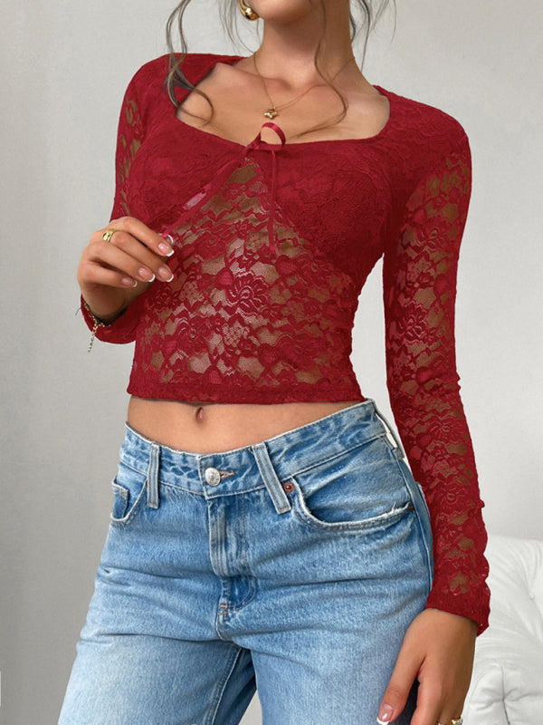 Wunderschöne, sexy Bluse im Y2K-Stil, figurbetont, mit langen Ärmeln und Cut-Outs aus Spitze und Cut-Outs 