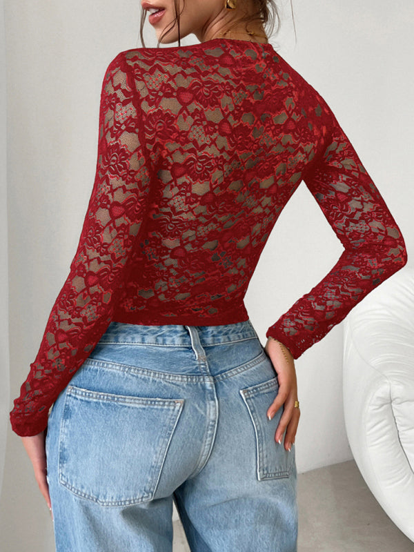 Wunderschöne, sexy Bluse im Y2K-Stil, figurbetont, mit langen Ärmeln und Cut-Outs aus Spitze und Cut-Outs 