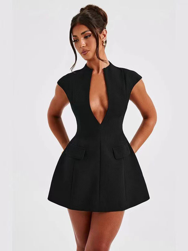 Neues einfarbiges, ärmelloses, sexy kurzes Kleid mit Taschen, V-Ausschnitt und hoher Taille, mit sexy V-Ausschnitt, hohem Bund 