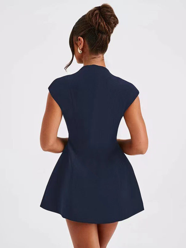 Neues einfarbiges, ärmelloses, sexy kurzes Kleid mit Taschen, V-Ausschnitt und hoher Taille, mit sexy V-Ausschnitt, hohem Bund 