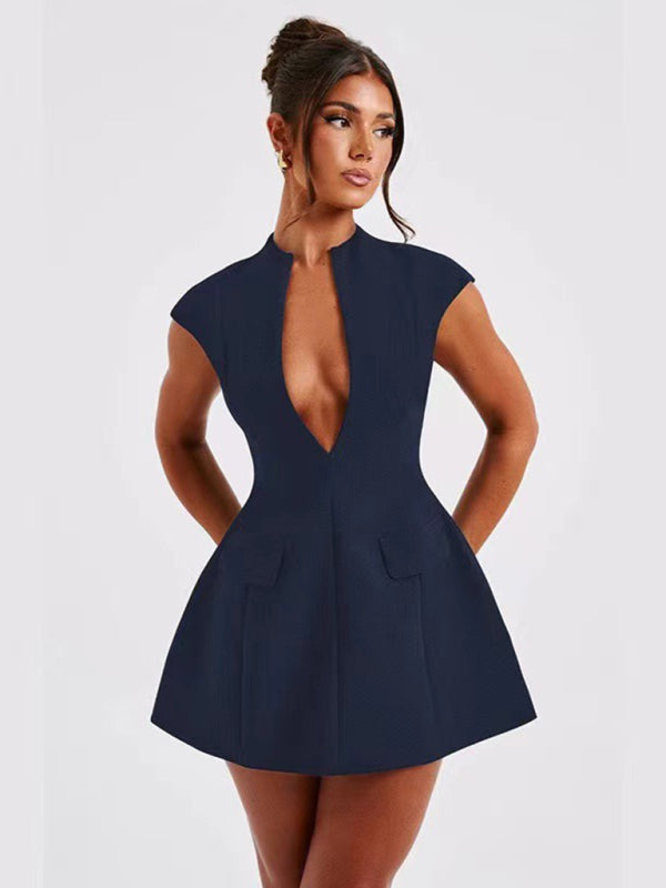Neues einfarbiges, ärmelloses, sexy kurzes Kleid mit Taschen, V-Ausschnitt und hoher Taille, mit sexy V-Ausschnitt, hohem Bund 