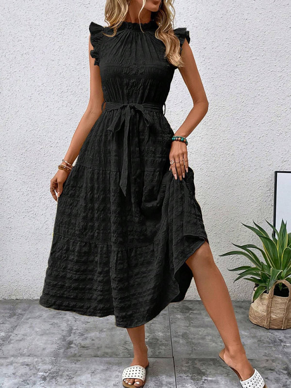 Damen Midi-Kleid Rüschenärmel Strukturiert mit Schnürung – Marineblau