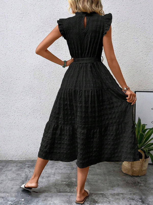 Damen Midi-Kleid Rüschenärmel Strukturiert mit Schnürung – Marineblau