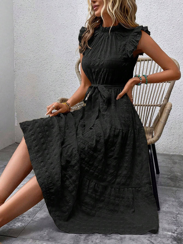 Damen Midi-Kleid Rüschenärmel Strukturiert mit Schnürung – Marineblau