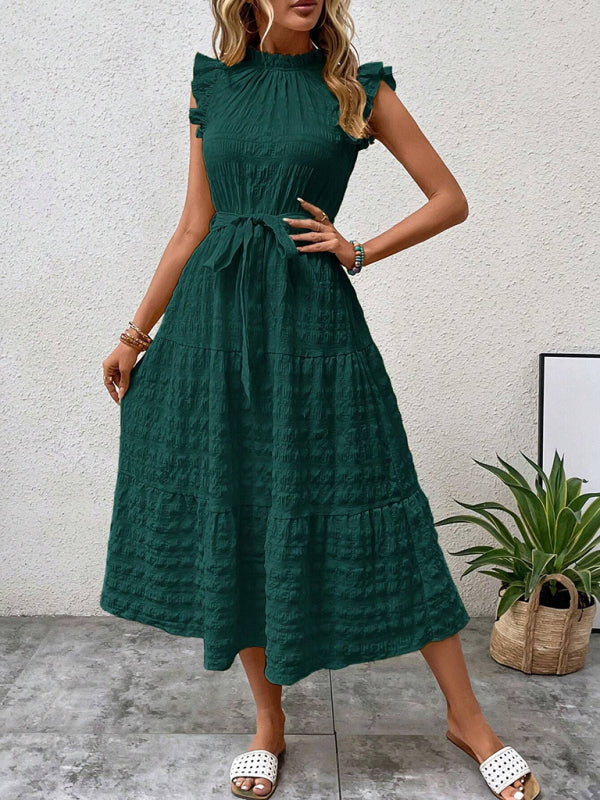 Damen Midi-Kleid Rüschenärmel Strukturiert mit Schnürung – Marineblau