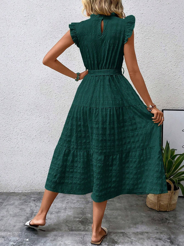 Damen Midi-Kleid Rüschenärmel Strukturiert mit Schnürung – Marineblau