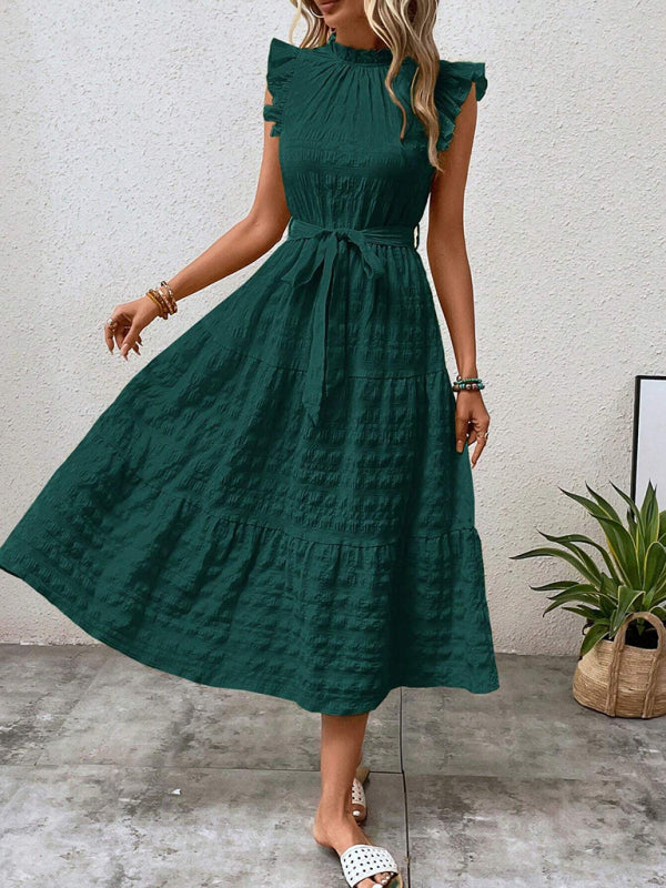 Damen Midi-Kleid Rüschenärmel Strukturiert mit Schnürung – Marineblau