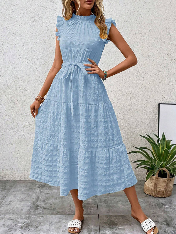 Damen Midi-Kleid Rüschenärmel Strukturiert mit Schnürung – Marineblau