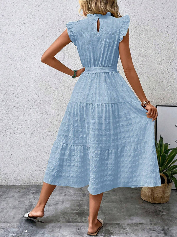 Damen Midi-Kleid Rüschenärmel Strukturiert mit Schnürung – Marineblau