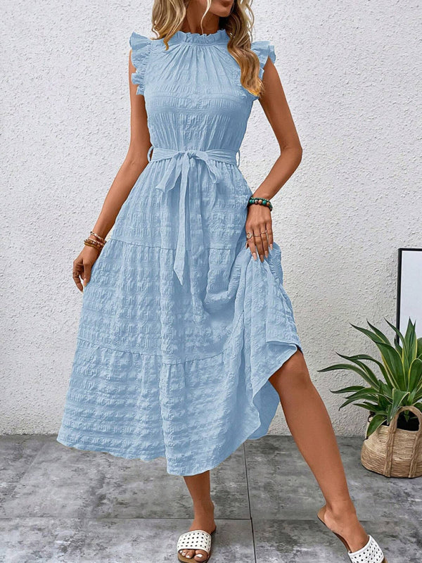 Damen Midi-Kleid Rüschenärmel Strukturiert mit Schnürung – Marineblau