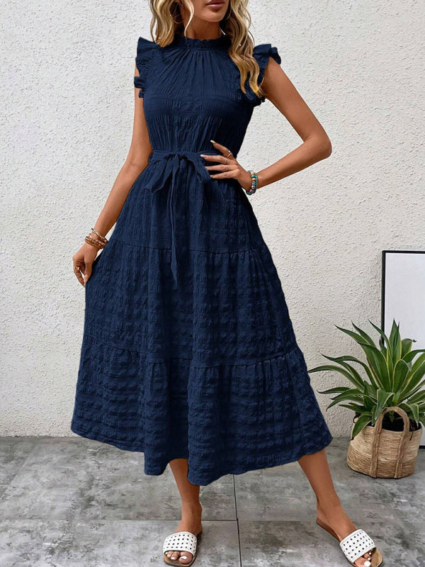 Damen Midi-Kleid Rüschenärmel Strukturiert mit Schnürung – Marineblau