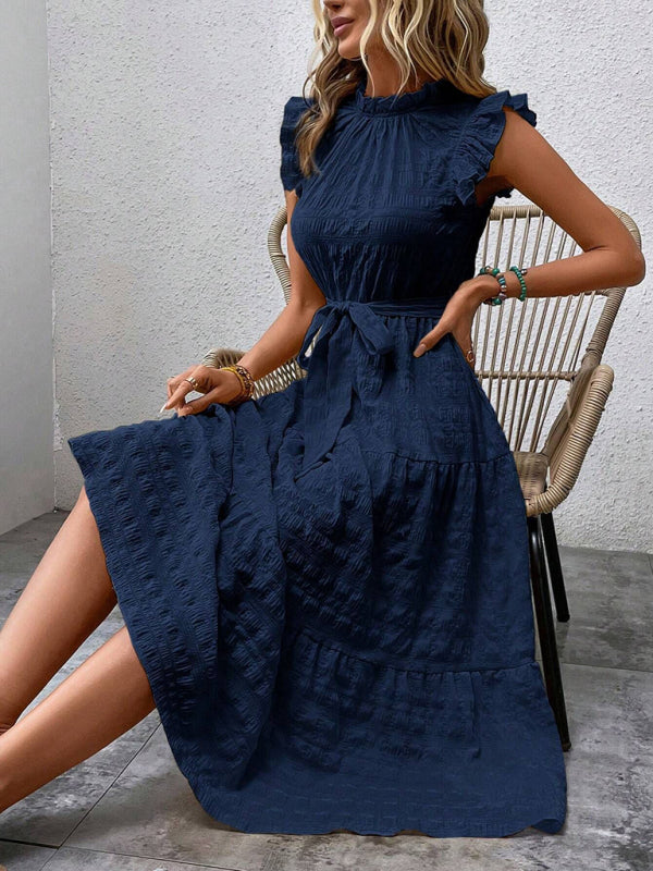 Women's Midi Dress Ruffle Sleeve Textured Lace-up – Navy – front view