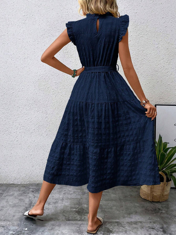 Women's Midi Dress Ruffle Sleeve Textured Lace-up – Navy – texture view