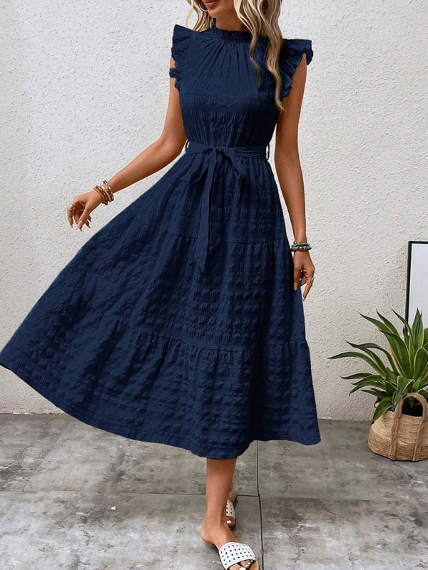 Damen Midi-Kleid Rüschenärmel Strukturiert mit Schnürung – Marineblau