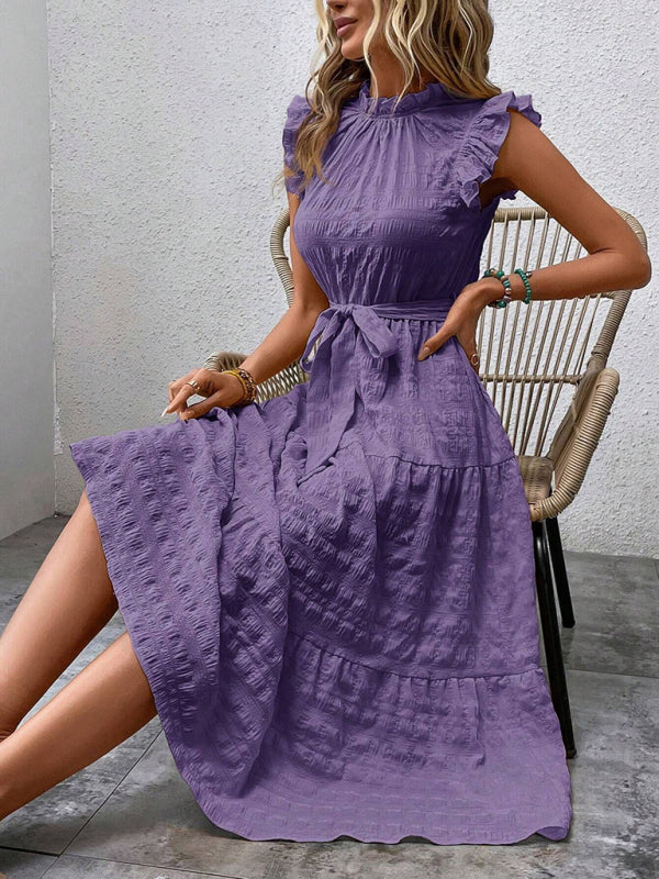 Damen Midi-Kleid Rüschenärmel Strukturiert mit Schnürung – Marineblau