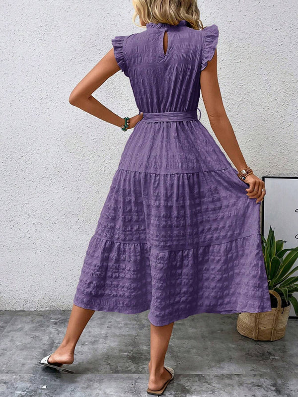 Damen Midi-Kleid Rüschenärmel Strukturiert mit Schnürung – Marineblau