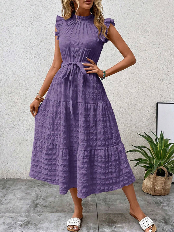 Damen Midi-Kleid Rüschenärmel Strukturiert mit Schnürung – Marineblau