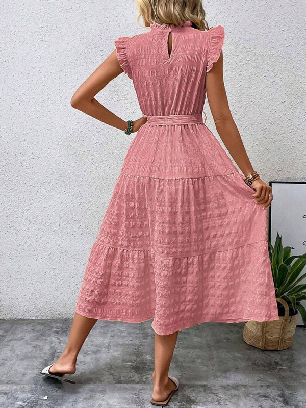 Damen Midi-Kleid Rüschenärmel Strukturiert mit Schnürung – Marineblau