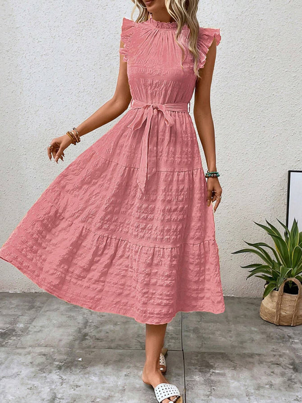 Damen Midi-Kleid Rüschenärmel Strukturiert mit Schnürung – Marineblau