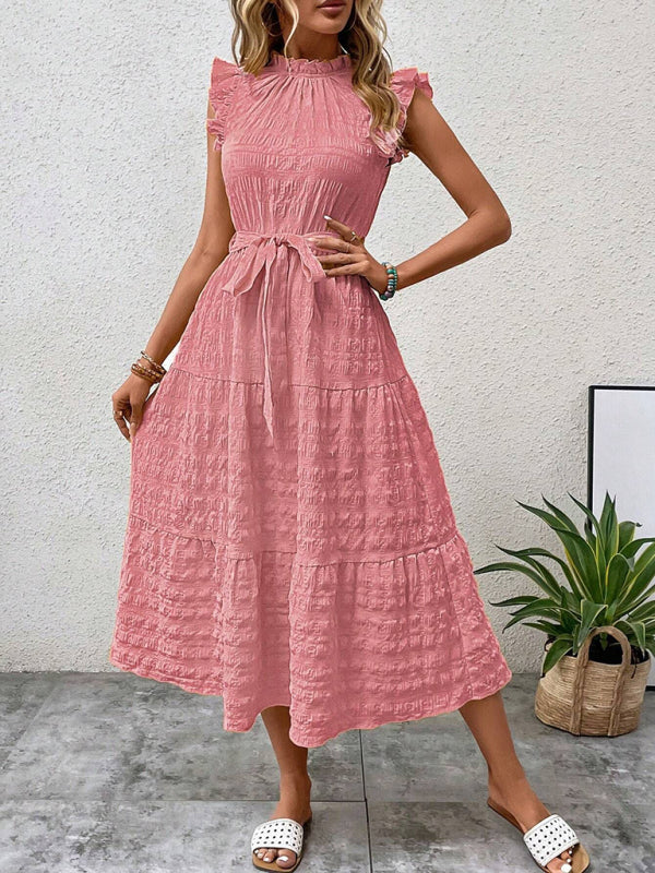 Damen Midi-Kleid Rüschenärmel Strukturiert mit Schnürung – Marineblau