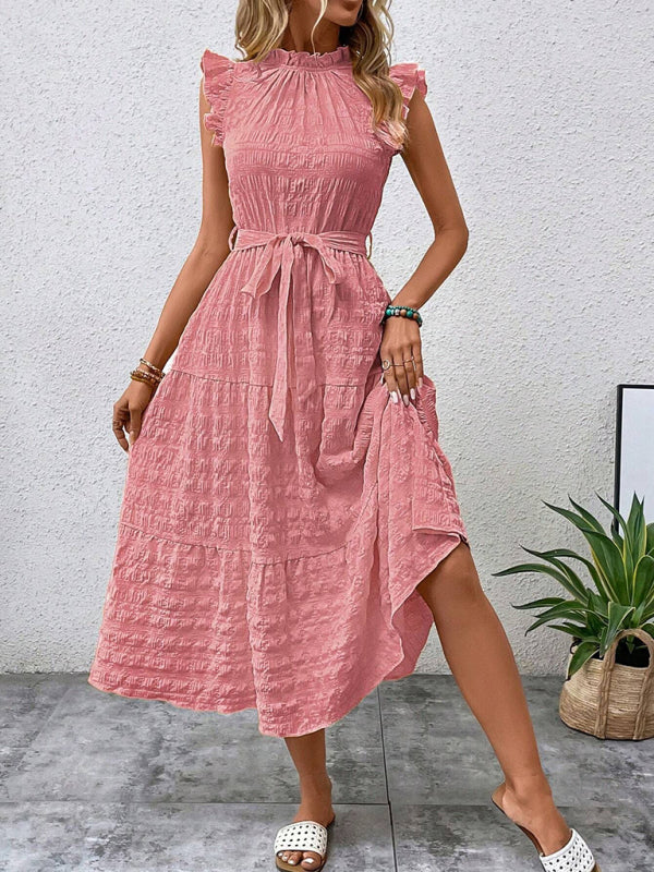 Women's Midi Dress Ruffle Sleeve Textured Lace-up – Navy – side view