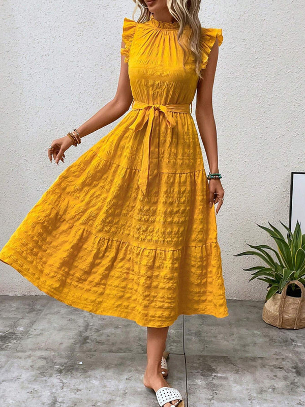 Damen Midi-Kleid Rüschenärmel Strukturiert mit Schnürung – Marineblau