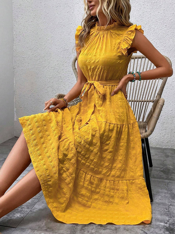 Damen Midi-Kleid Rüschenärmel Strukturiert mit Schnürung – Marineblau