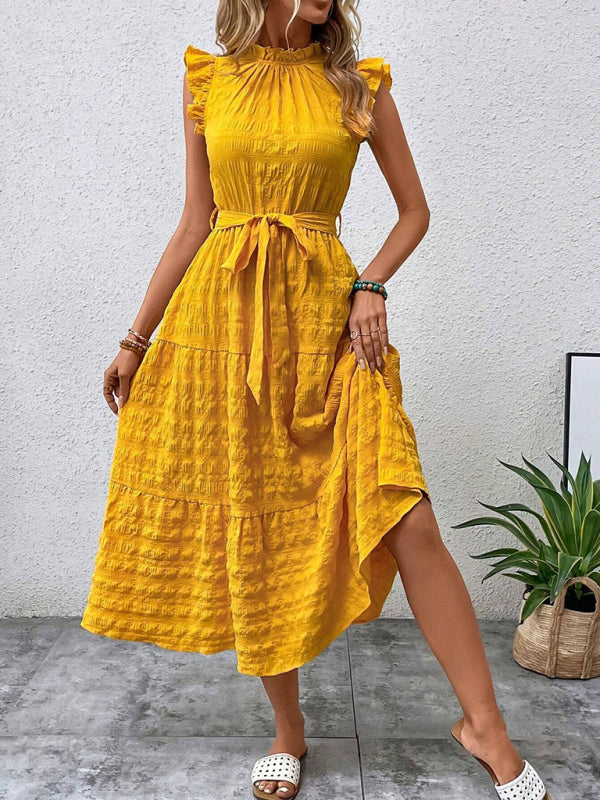 Damen Midi-Kleid Rüschenärmel Strukturiert mit Schnürung – Marineblau