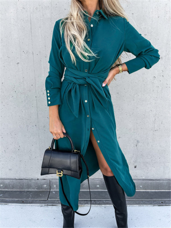 Neues langes Rockkleid, einfarbige Strickjacke, lange Ärmel 