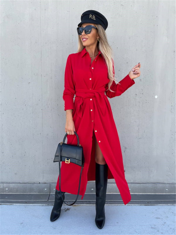 Neues langes Rockkleid, einfarbige Strickjacke, lange Ärmel 