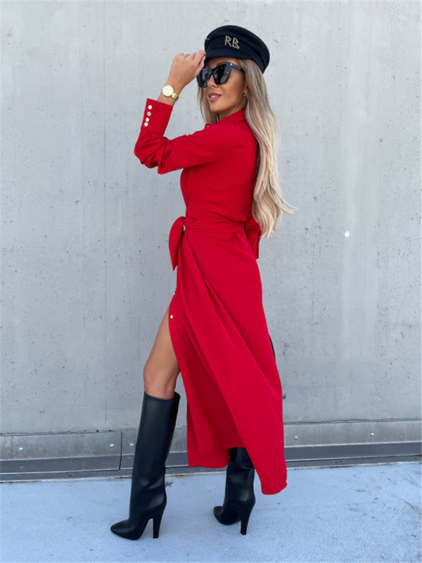 Neues langes Rockkleid, einfarbige Strickjacke, lange Ärmel 