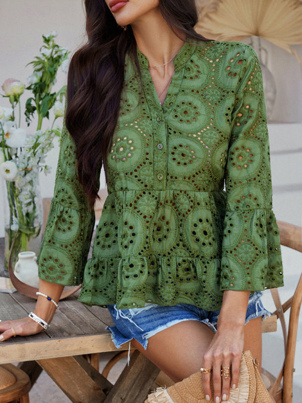 chemise unie à col en V creux et manches trois-quarts 