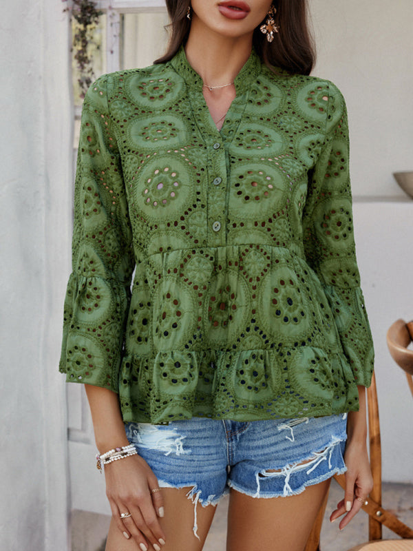 chemise unie à col en V creux et manches trois-quarts 
