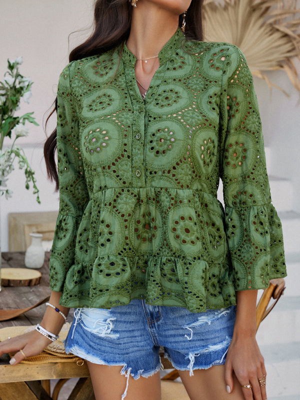 chemise unie à col en V creux et manches trois-quarts 