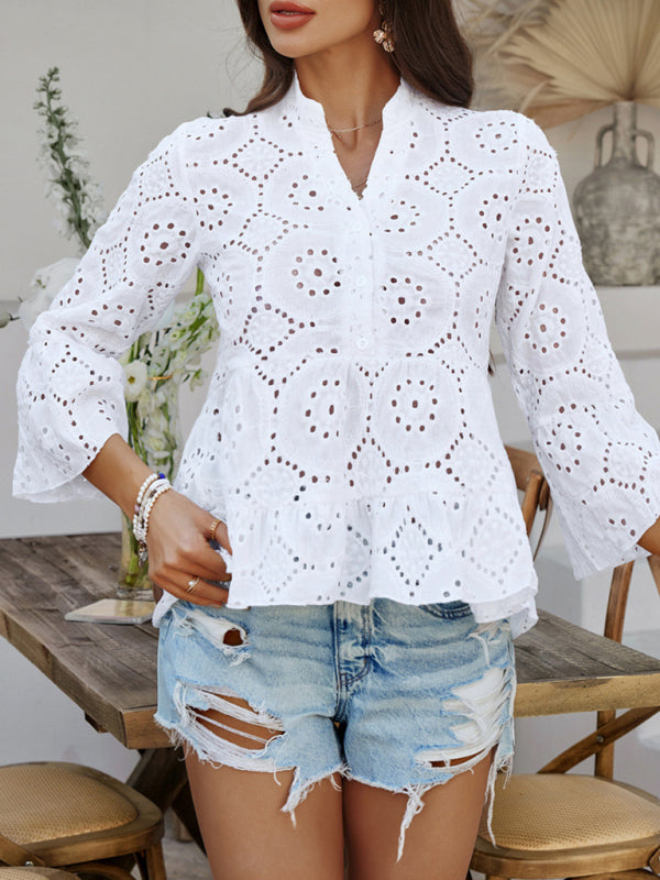 chemise unie à col en V creux et manches trois-quarts 