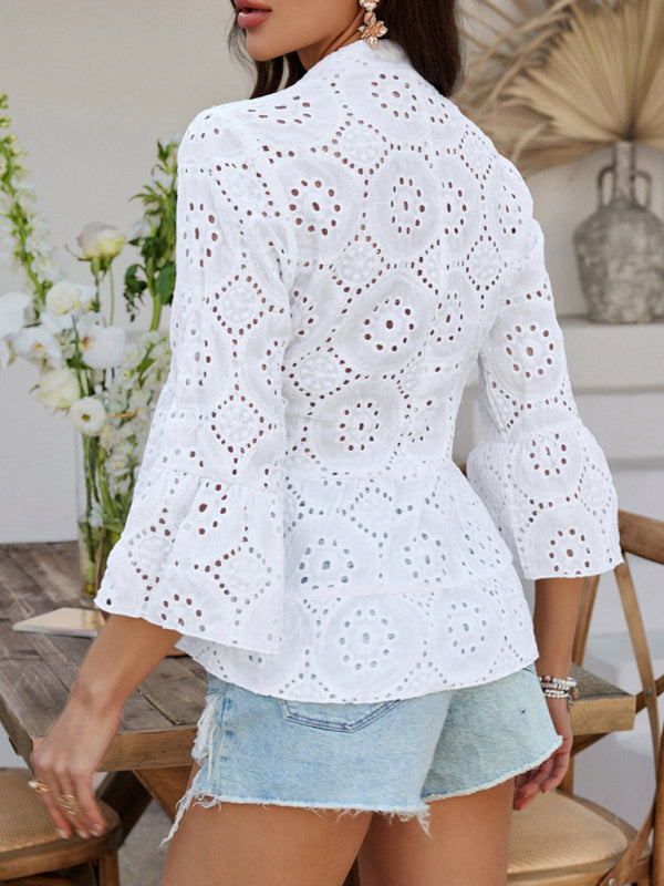chemise unie à col en V creux et manches trois-quarts 