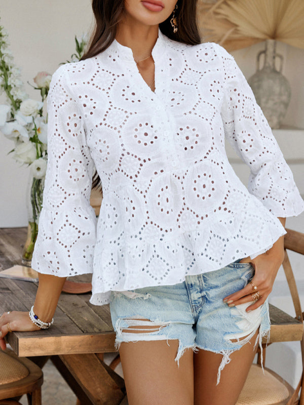 chemise unie à col en V creux et manches trois-quarts 